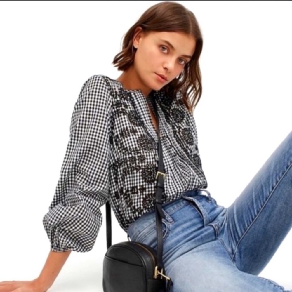 J. Crew Black and White Gingham Embroidered Blouse